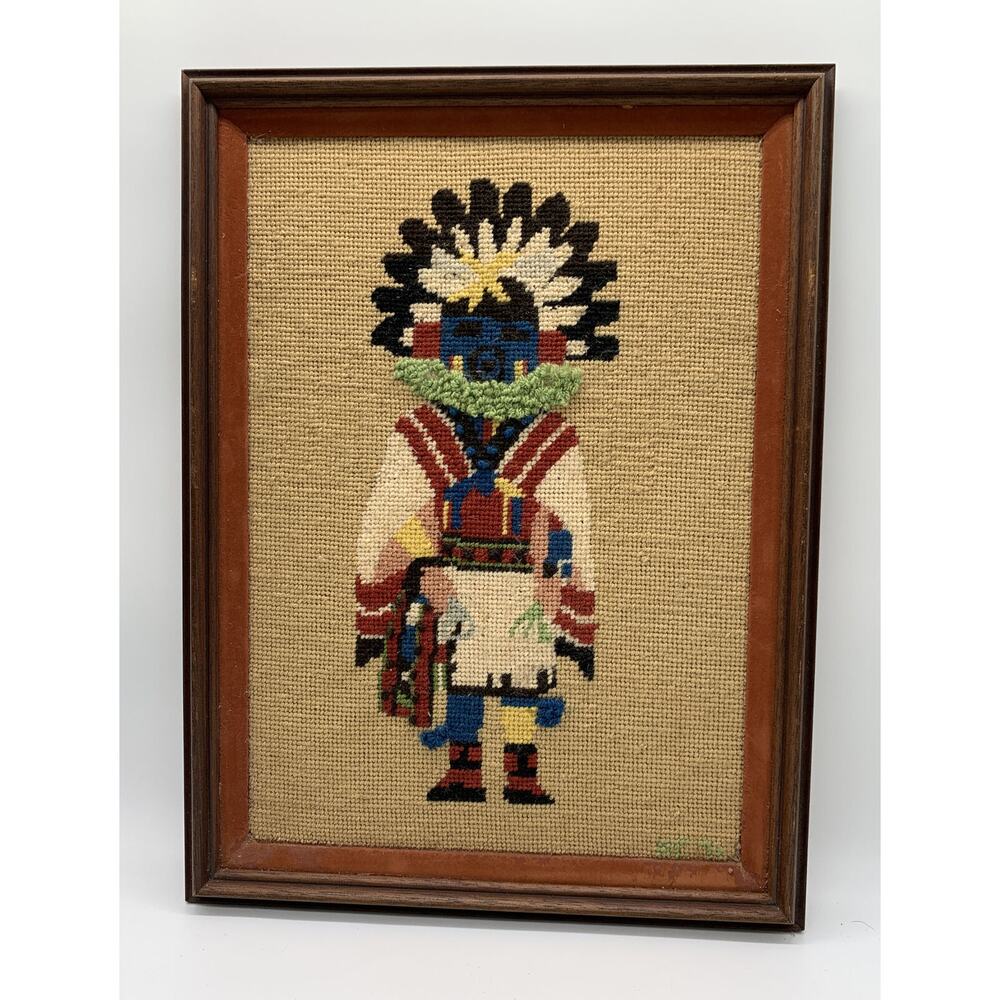 Vntg Morning Kachina 1976 Framed Needle Point Signed 18” x 13.5” Estate